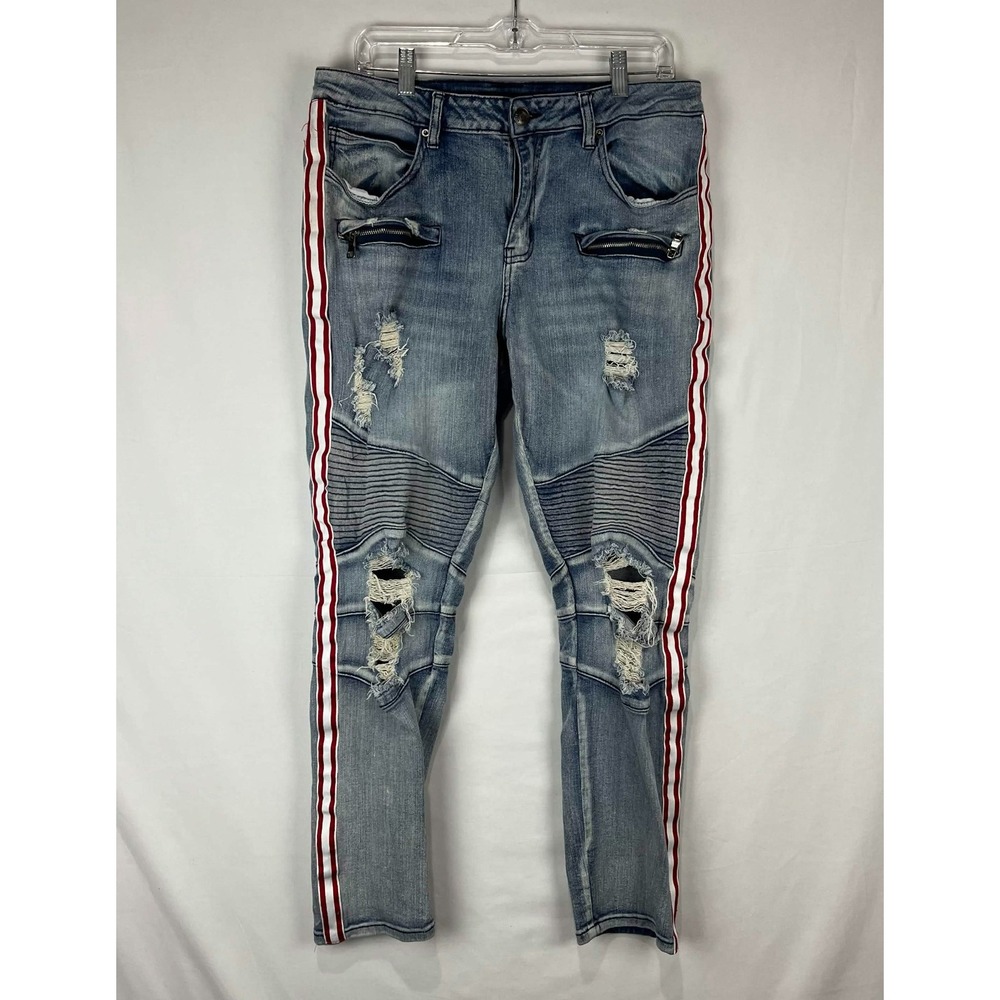 Rue21 Premium Blue Biker Denim Moto Jeans Skinny Supreme Flex Men's Size 34X30